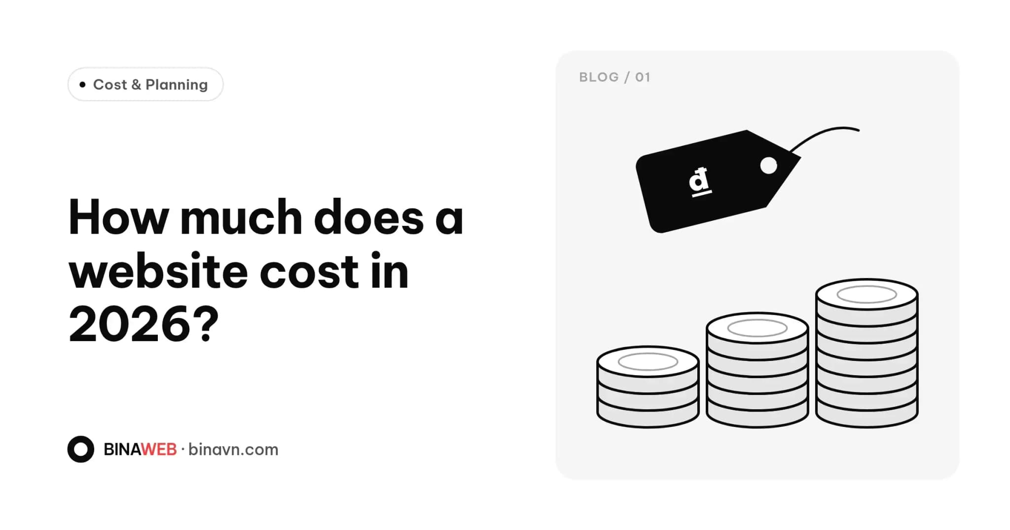 Bina blog cover for “Website cost in 2026”: English title on white with a line illustration of a đồng price tag and three rising stacks of coins.