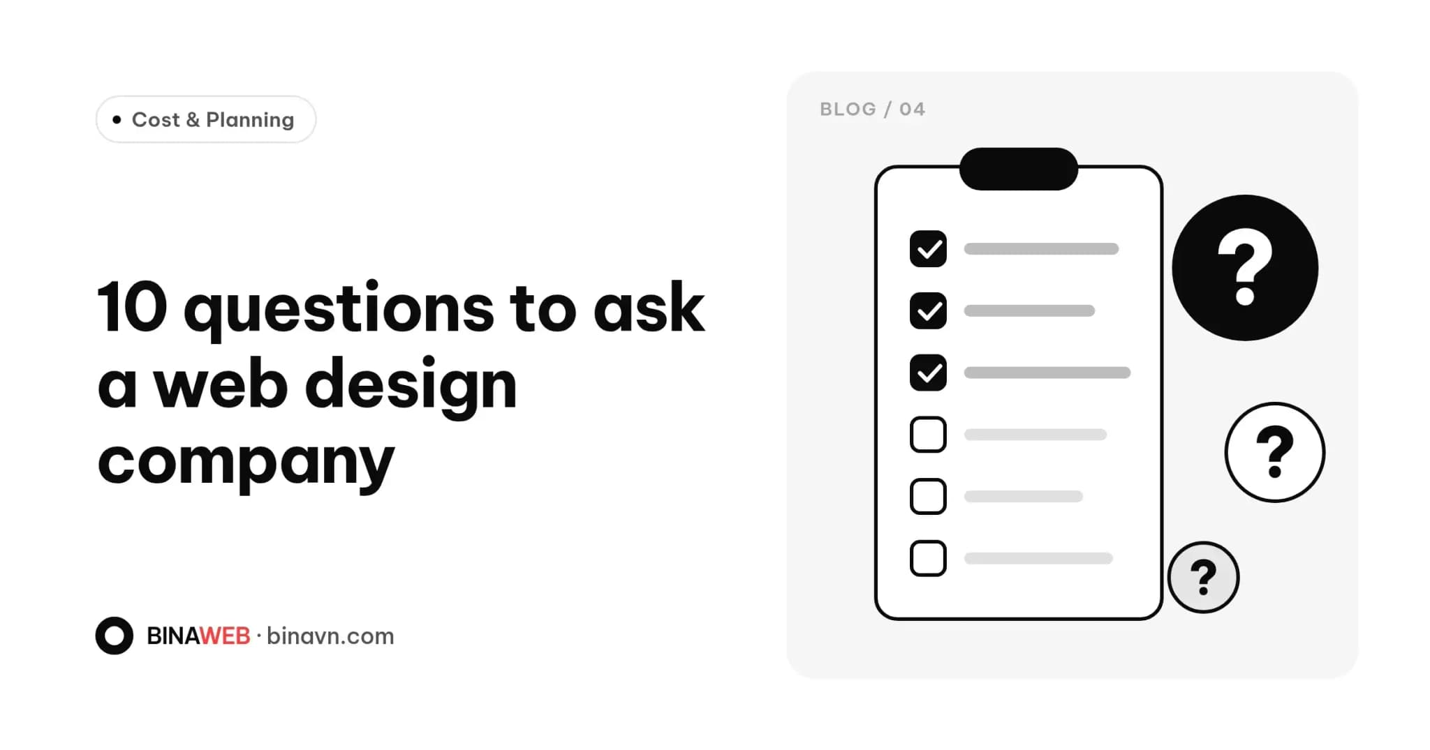 Bina blog cover for “10 questions to ask when choosing a web design company”: a clipboard checklist partly ticked off next to three question-mark bubbles.