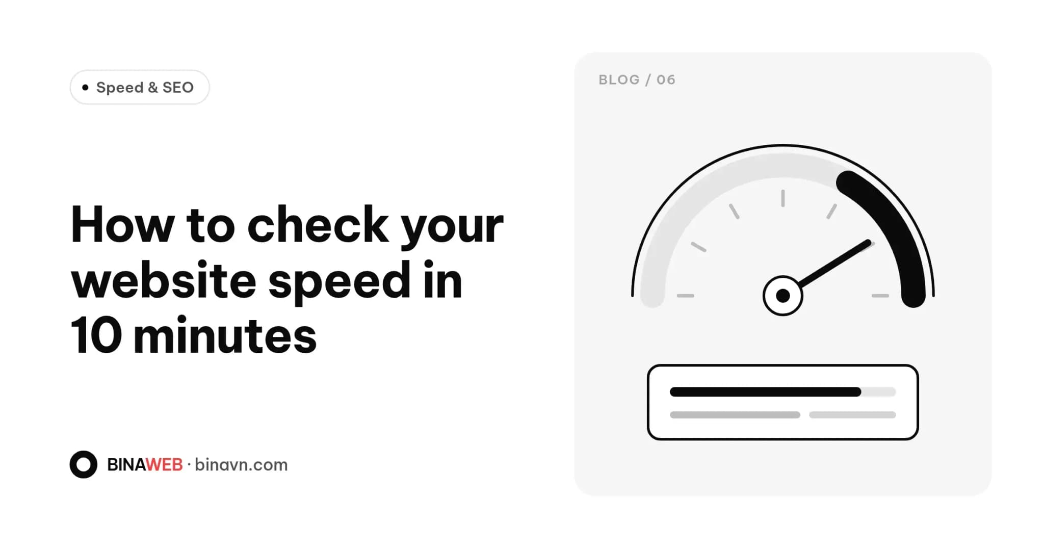 Bina blog cover for “How to check your website speed”: bold black title on white with a speedometer whose needle points to the fast zone.