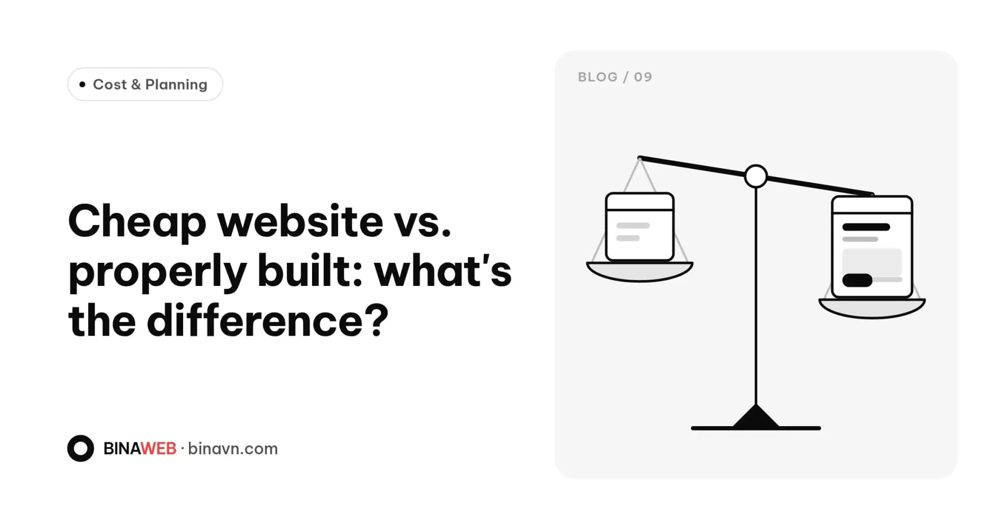 Bina blog cover for “Cheap vs. properly built website”: bold black title on white with a balance scale weighing a bare page wireframe against a complete one.