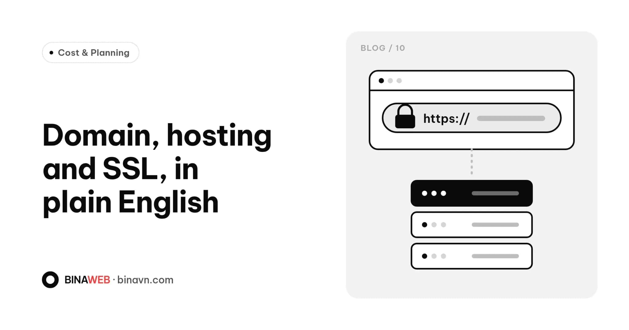 Bina blog cover for “Domain, hosting and SSL”: bold black title on white with a browser address bar showing a padlock, connected to a server stack.