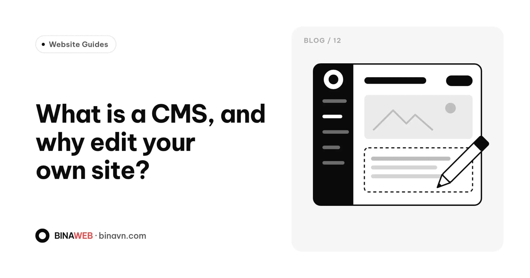 Bina blog cover for “What is a CMS?”: bold black title on white with an admin panel screen, a sidebar menu and a pencil editing a content block.
