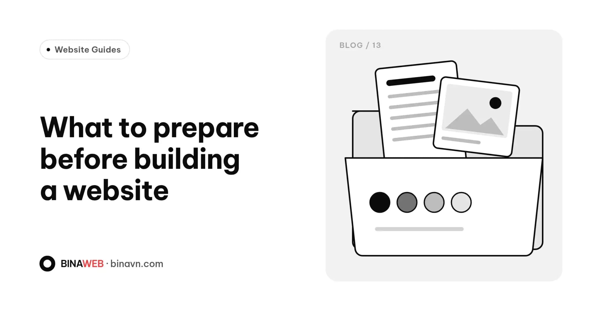 Bina blog cover for “What to prepare before building a website”: bold black title on white with an open folder holding documents, photos and a brand colour swatch.