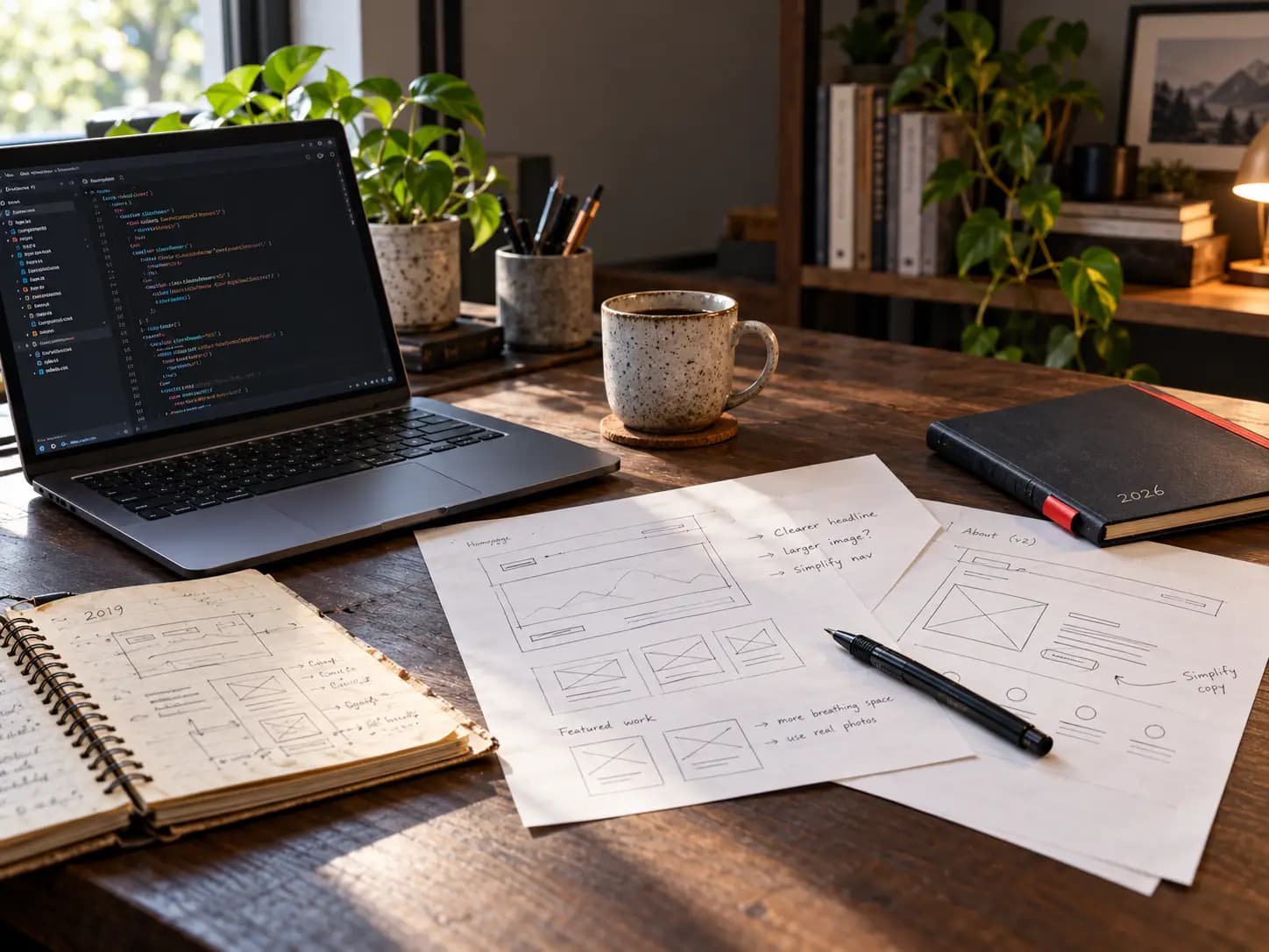 Bàn làm việc với laptop hiển thị mã nguồn và bản phác thảo giao diện website
