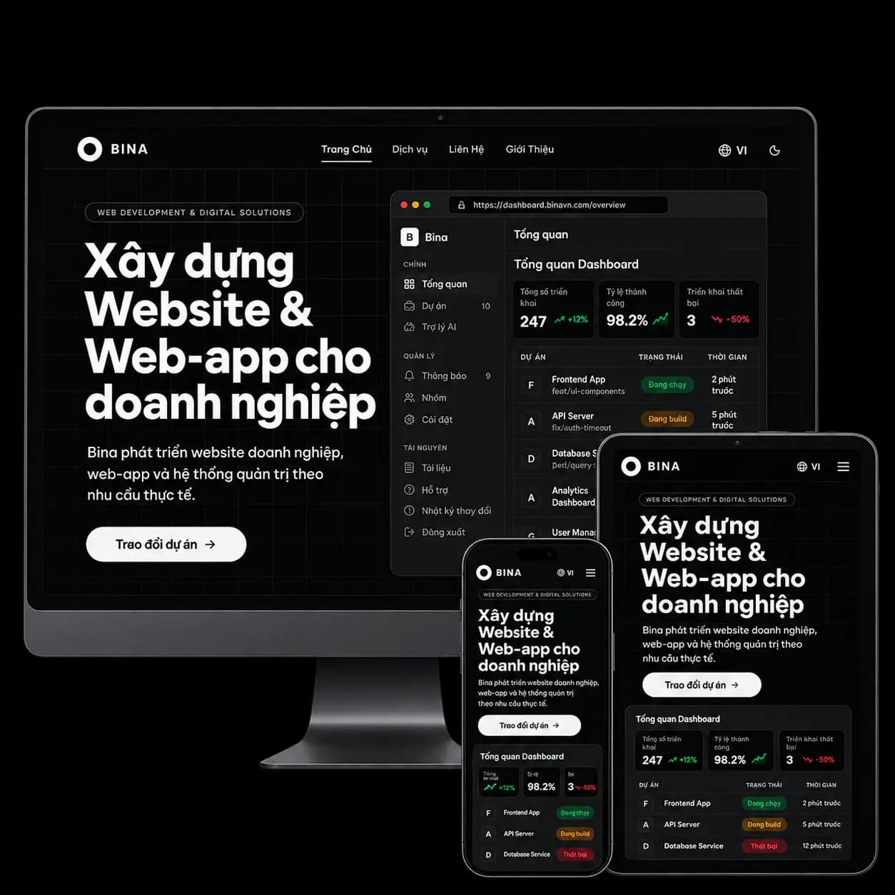 Bina website shown on desktop, tablet and phone