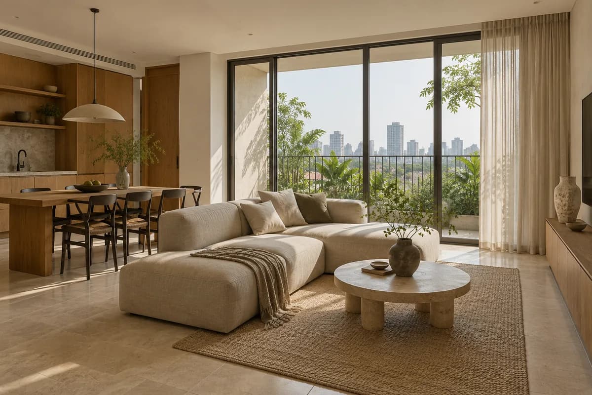 Nội thất căn hộ với tủ gỗ sồi, sofa vải sáng màu và ban công xanh
