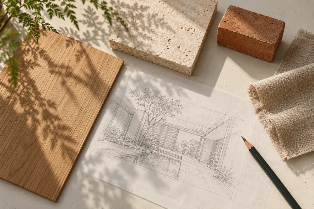 Bảng nghiên cứu vật liệu gồm gỗ, đá, gạch đất nung và bản phác thảo sân trong