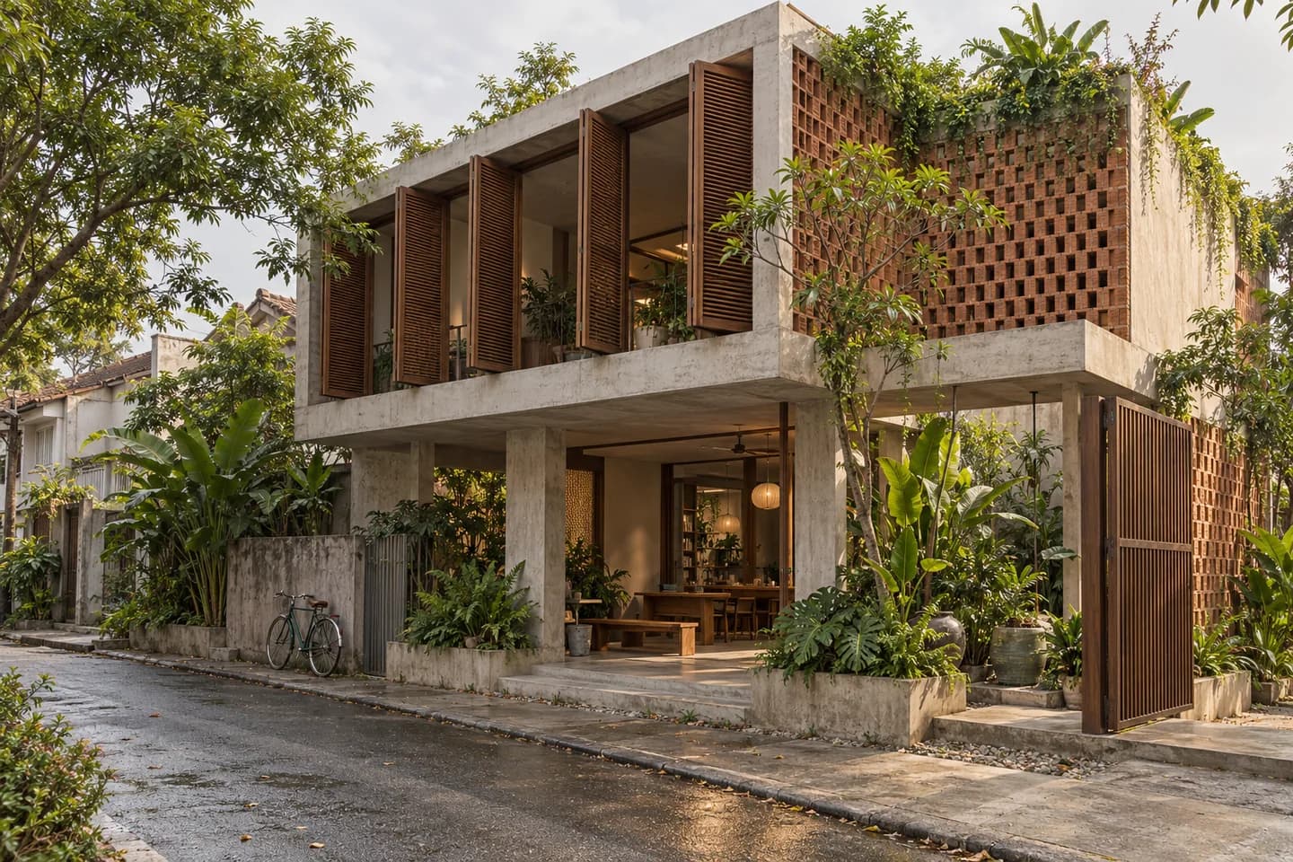 Studio làm việc với mặt đứng lam gỗ, gạch thoáng và hiên cây xanh