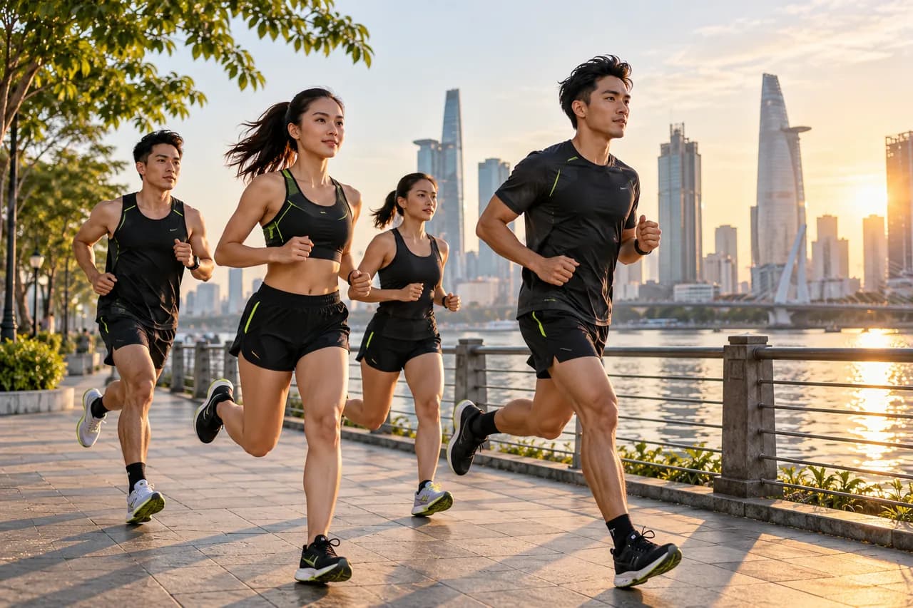 Nhóm chạy bộ Việt Nam tập luyện bên sông vào sáng sớm