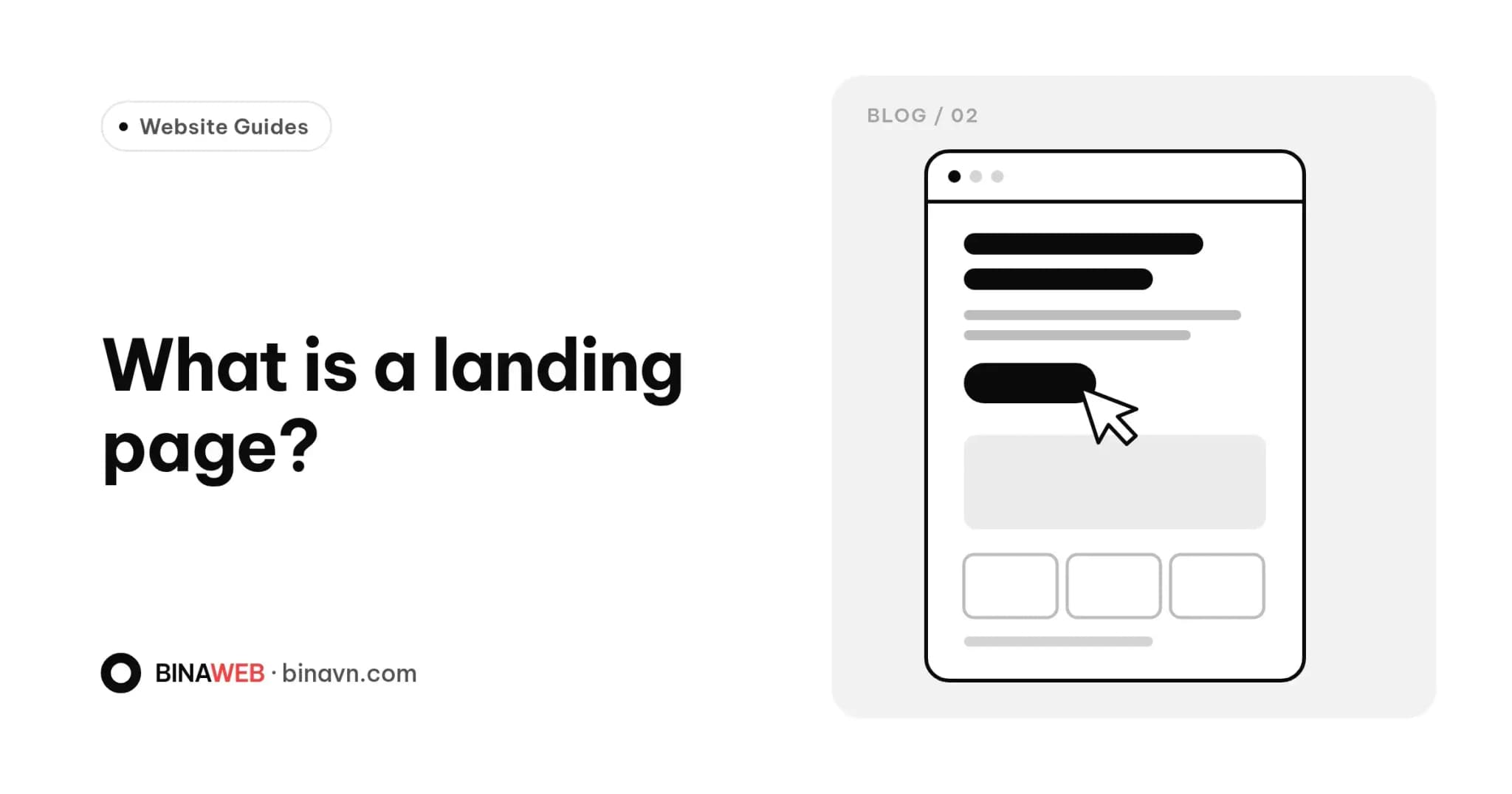 Bina blog cover for “What is a landing page?”: English title on white with a wireframe of a single web page, a call-to-action button and a mouse cursor.