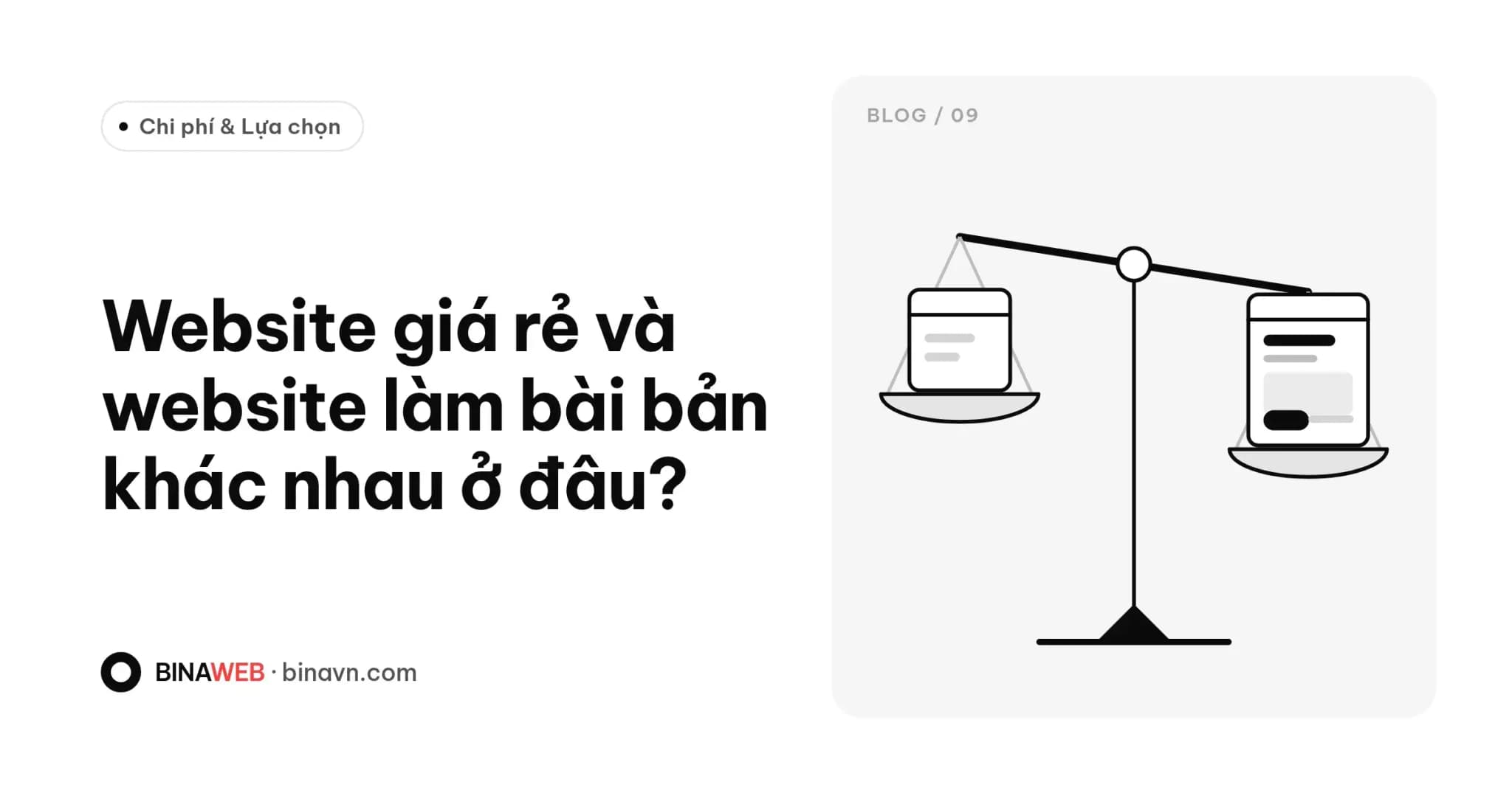 Ảnh bìa bài viết “Website giá rẻ và website làm bài bản” của Bina: tiêu đề chữ đen trên nền trắng, minh họa cân hai đĩa, một bên khung web đơn giản, một bên khung web hoàn chỉnh.