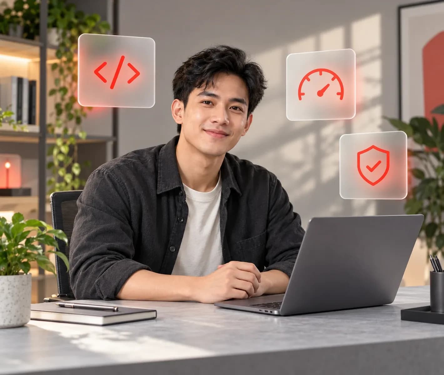 Lập trình viên làm việc với laptop cùng biểu tượng mã nguồn, tốc độ và bảo mật website