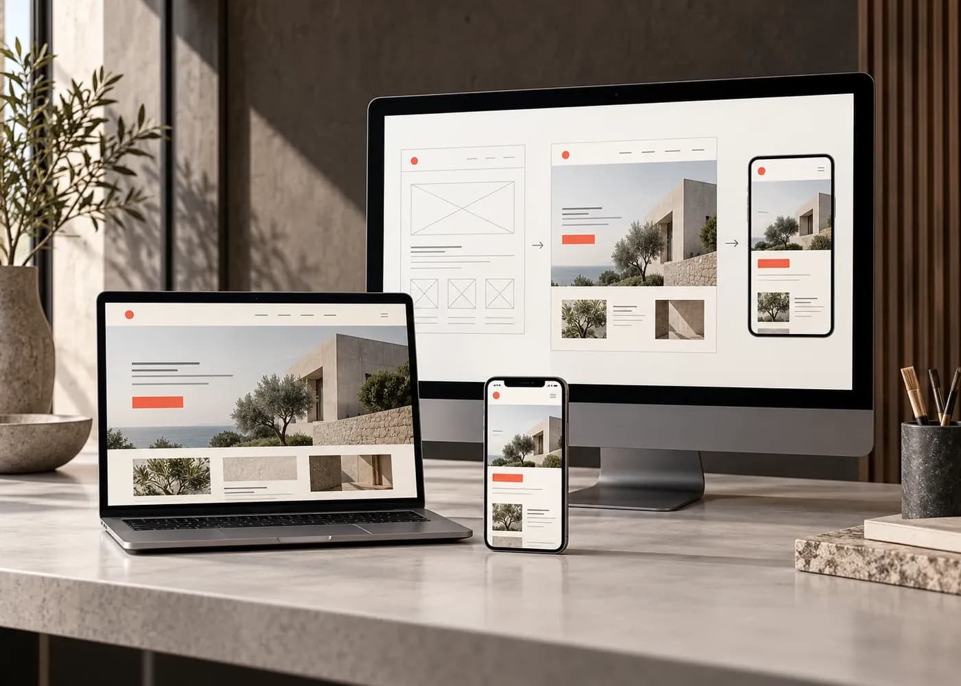 Quy trình thiết kế website từ bản phác thảo đến giao diện hoàn chỉnh trên máy tính, laptop và điện thoại